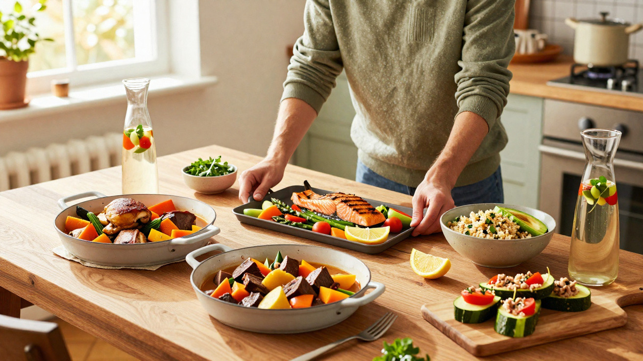 Mesa com refeições saudáveis, incluindo salmão grelhado, vegetais, peru e sumos com frutas frescas.