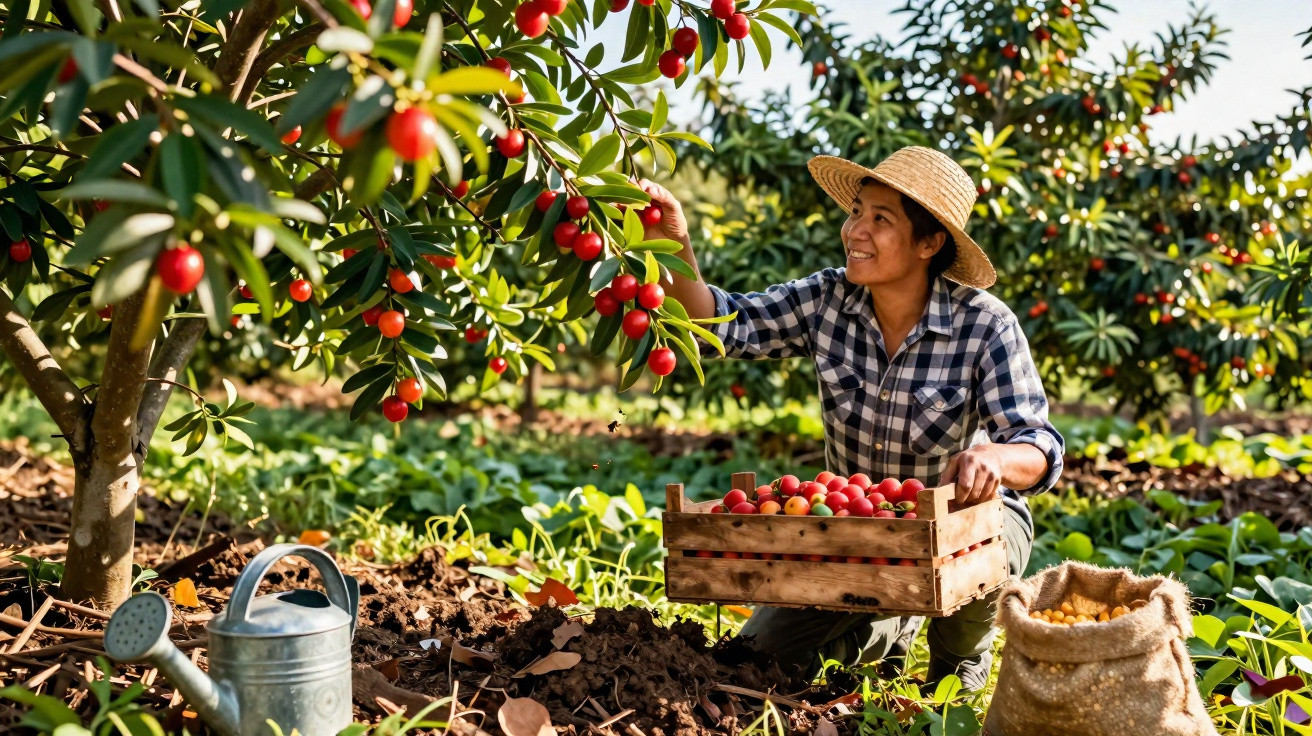 Mulher a colher frutas vermelhas em árvore, com chapéu e caixa de madeira no campo ensolarado.