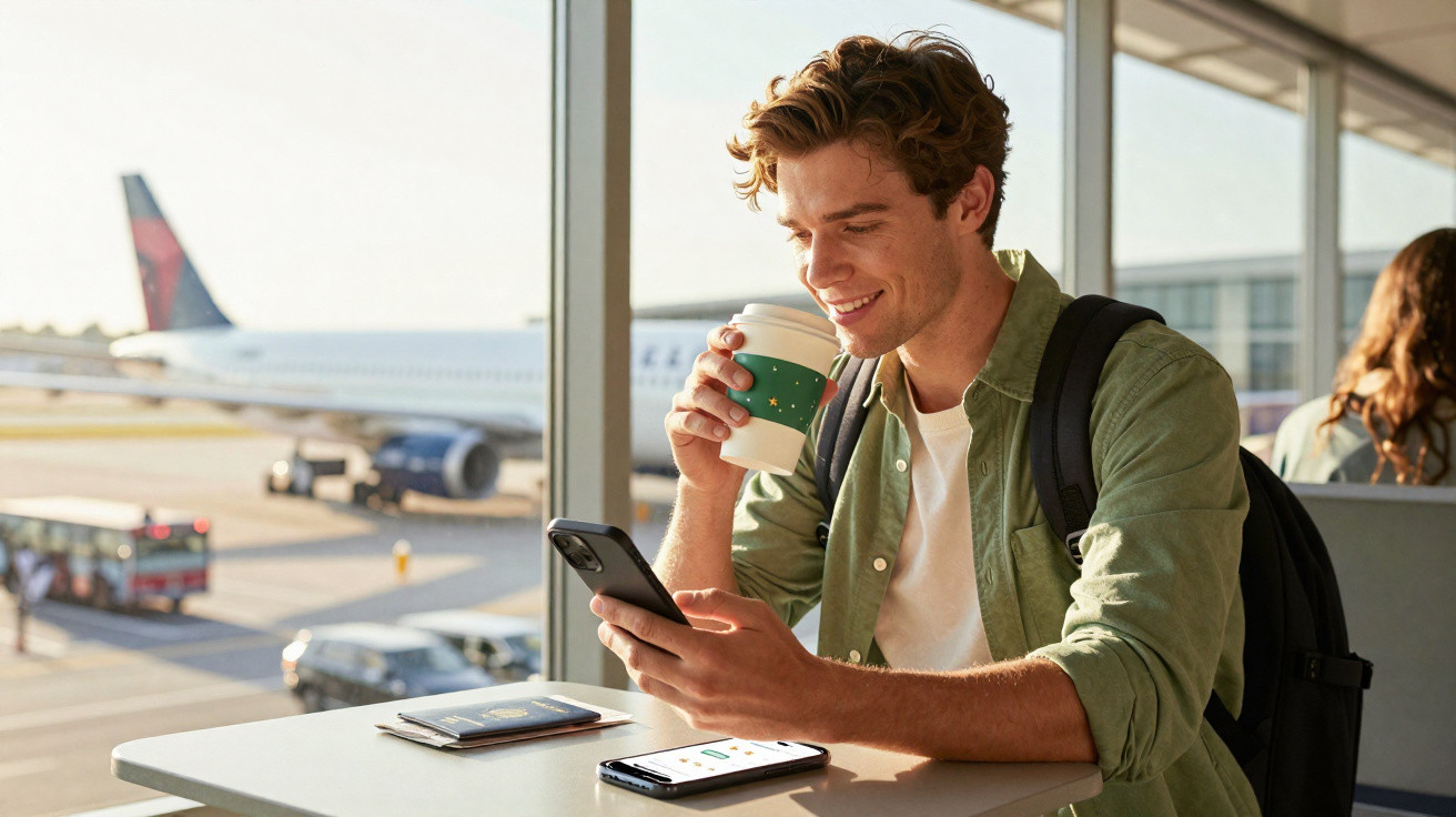 Jovem sentado a beber café e usar telemóvel numa zona de espera de aeroporto com avião ao fundo.
