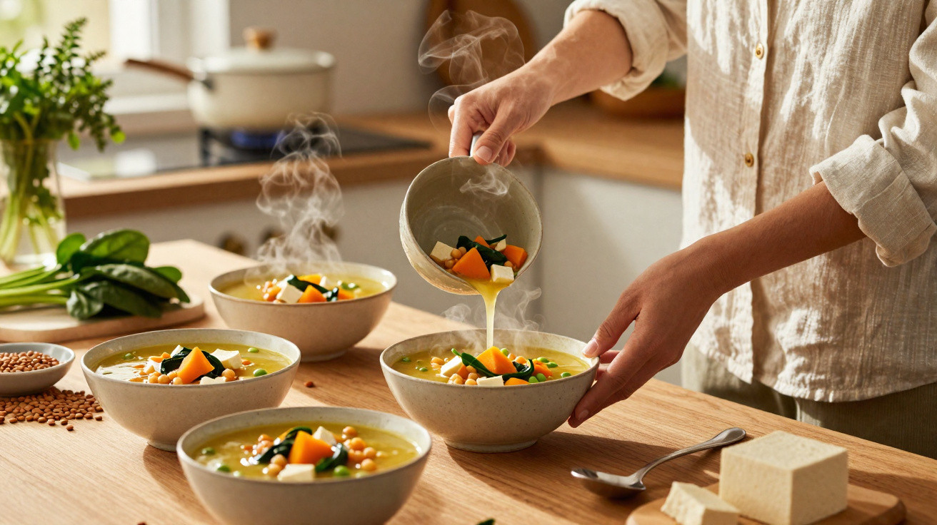 Pessoa a servir sopa quente com legumes e tofu em taças sobre uma mesa de madeira clara numa cozinha.