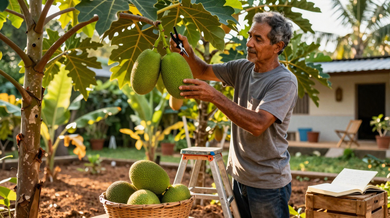 Homem a colher jacas num quintal com cesta cheia de jacas e escadote ao lado.