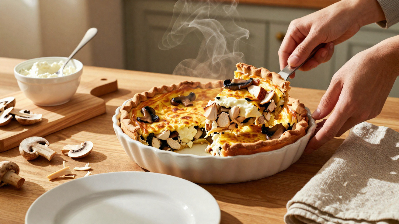 Pessoa a servir uma fatia quente de quiche de cogumelos numa mesa de madeira com pratos e queijo.