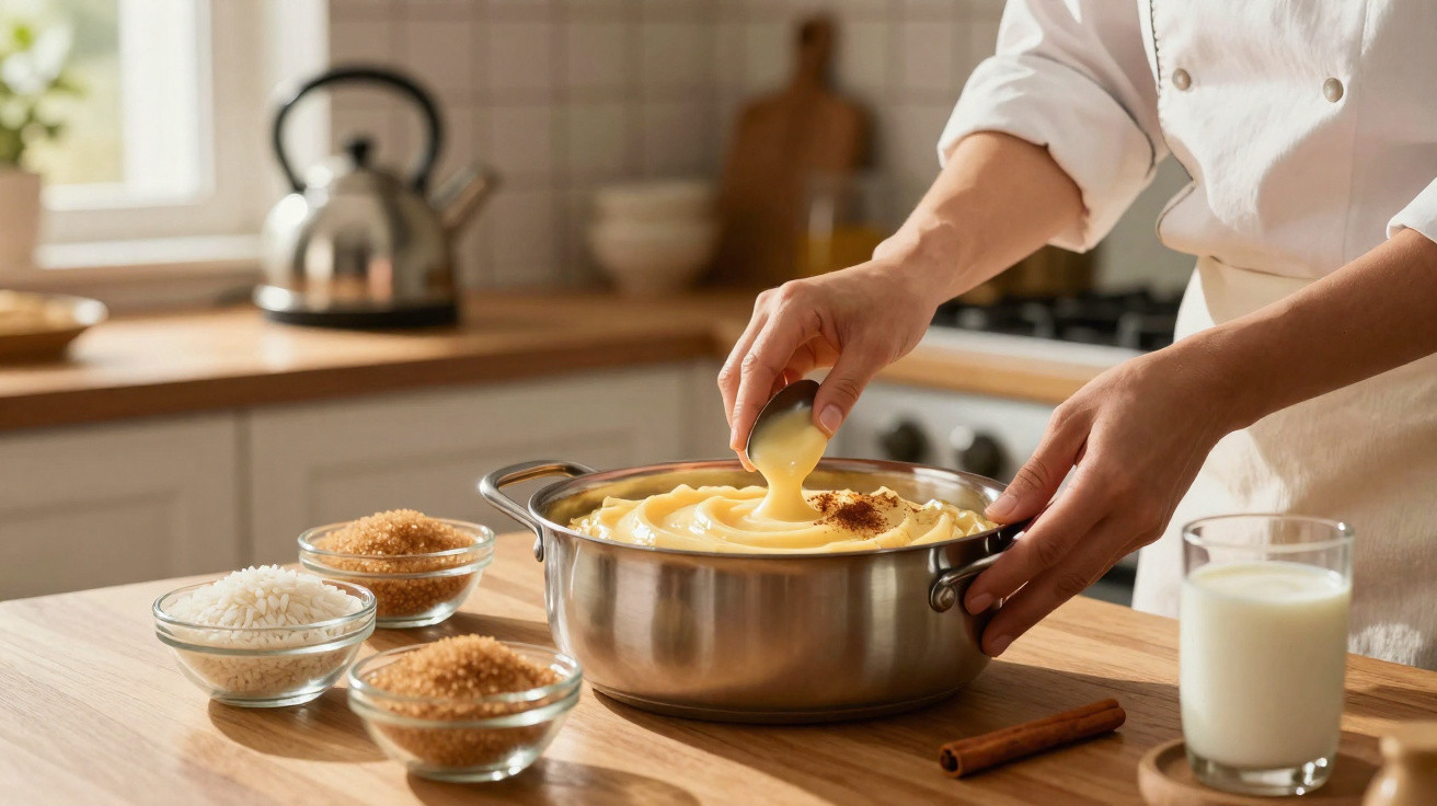 Mãos a polvilhar canela em creme amarelo numa panela, com ingredientes e leite sobre a mesa de cozinha.