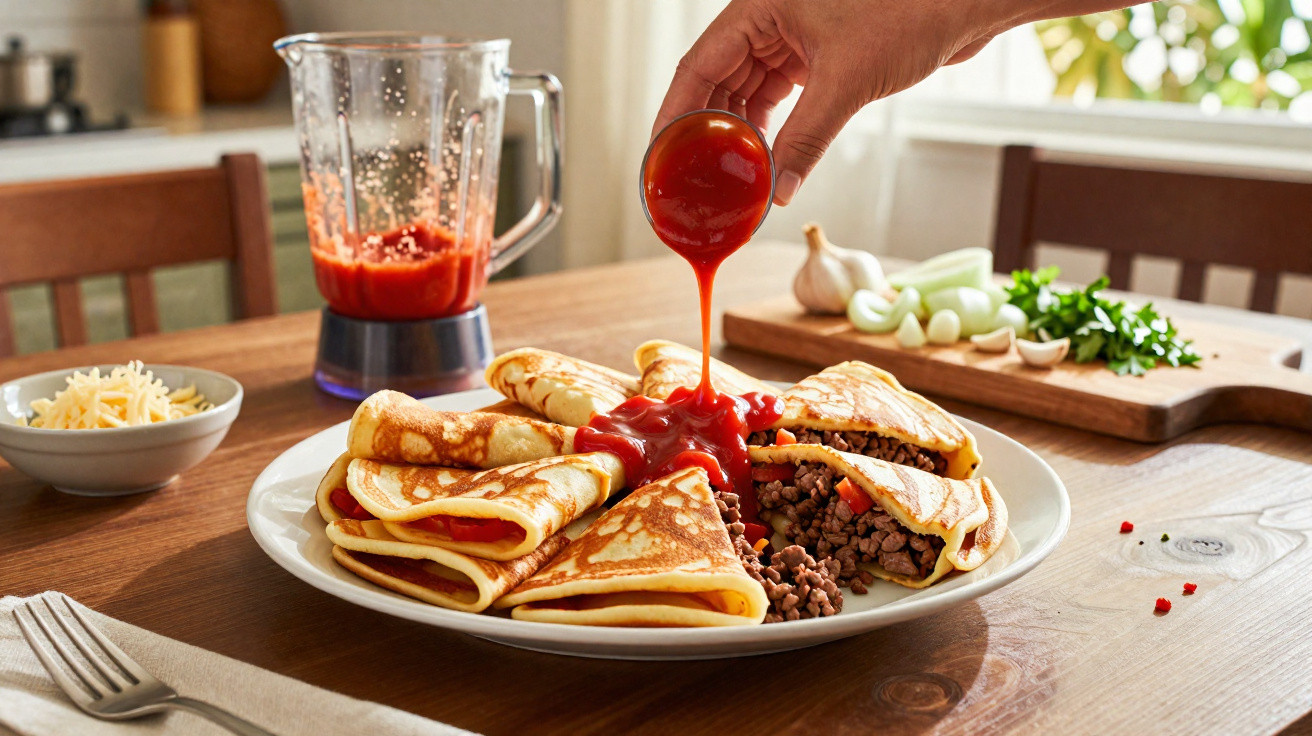 Panquecas recheadas com carne moída e molho de tomate servido em prato branco numa mesa de madeira.