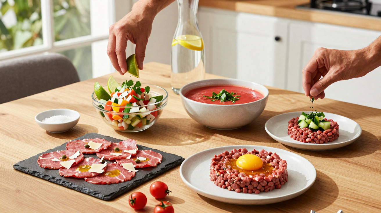 Mãos a temperar salada fresca, carpácio, gaspacho e steak tartare numa mesa de cozinha.