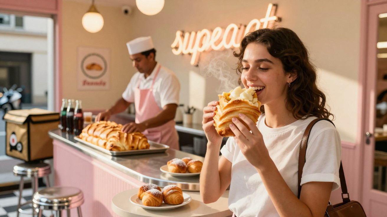Mulher a saborear um croissant quente numa pastelaria, com empregado a preparar pão ao fundo.