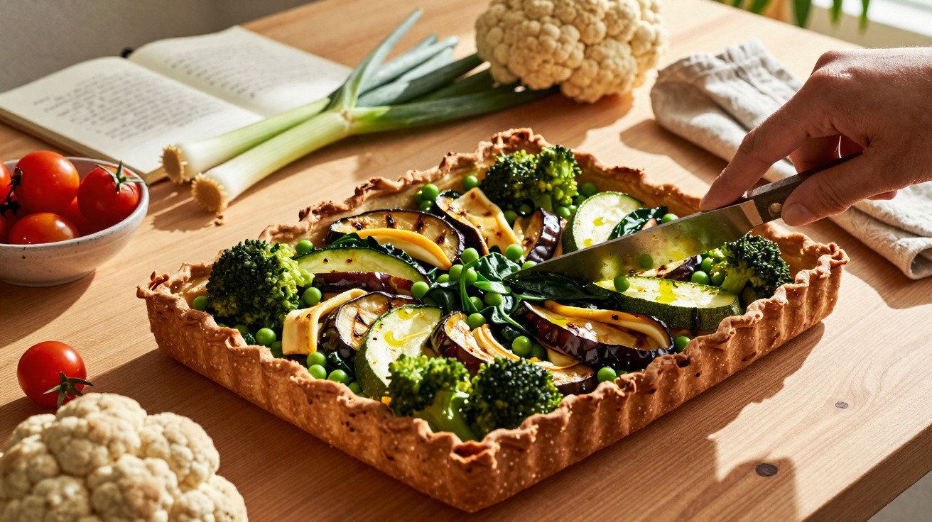 Tarte quadrada de legumes variados frescos, com brócolos, curgete, beringela e ervilhas, é cortada com faca na bancada de mad