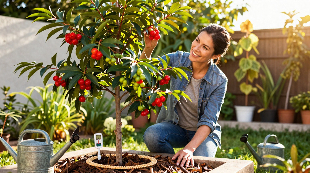Mulher sorridente a colher frutos vermelhos num jardim ao ar livre durante o dia solarengo.
