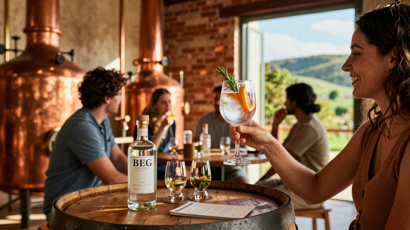 Mulher a brindar com copo de gin numa destilaria com amigos e tanques de cobre ao fundo.