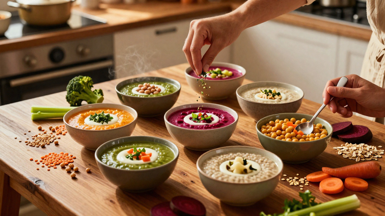 Mesa com sete tigelas de sopas coloridas decoradas com legumes e utensílios na cozinha.