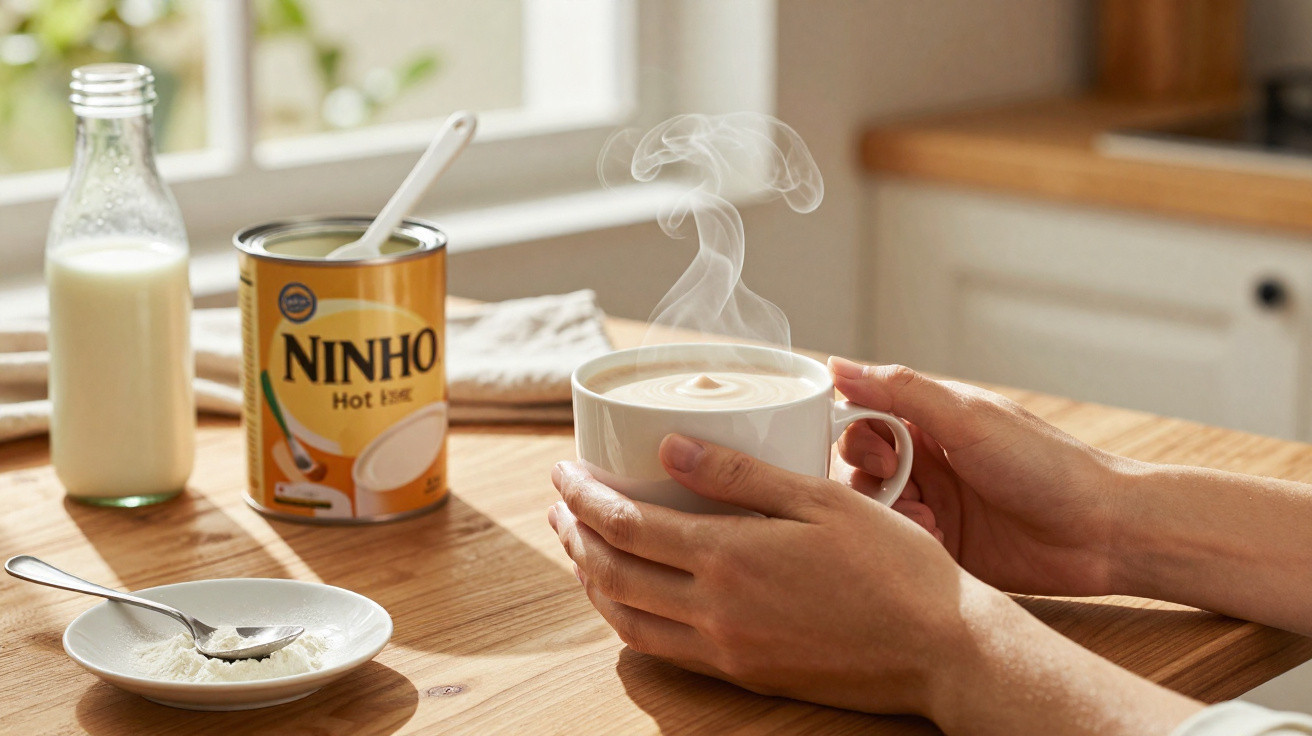 Mãos seguram chávena de bebida quente com vapor, ao lado de lata de Ninho, leite em vidro e prato com pó branco.