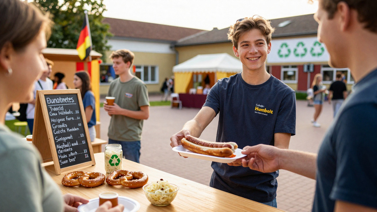 Jovem sorri ao servir salsichas num prato num evento ao ar livre com comida típica e pessoas à volta.