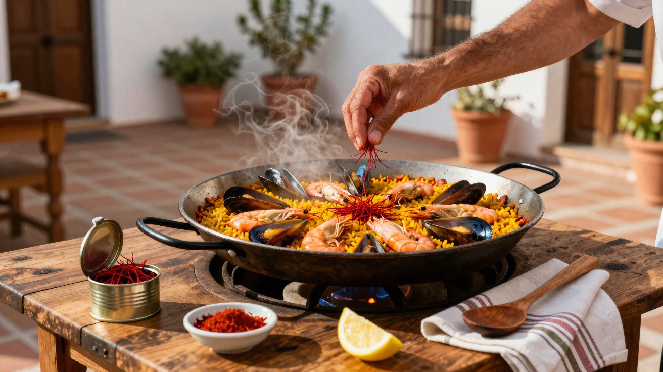 Mão a temperar uma paella de mariscos fumegante, com camarões, mexilhões, açafrão e limão numa mesa rústica.