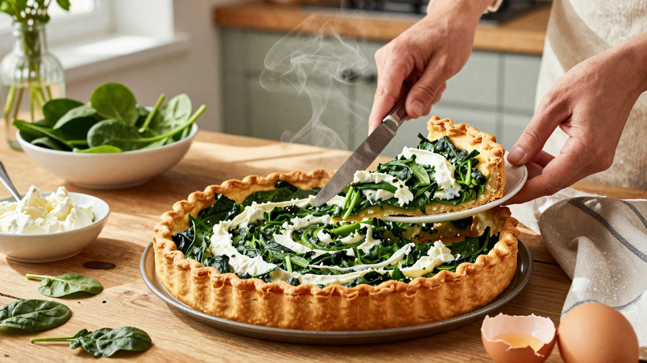 Pessoa a servir uma fatia de tarte de espinafres e queijo fresco numa cozinha iluminada.