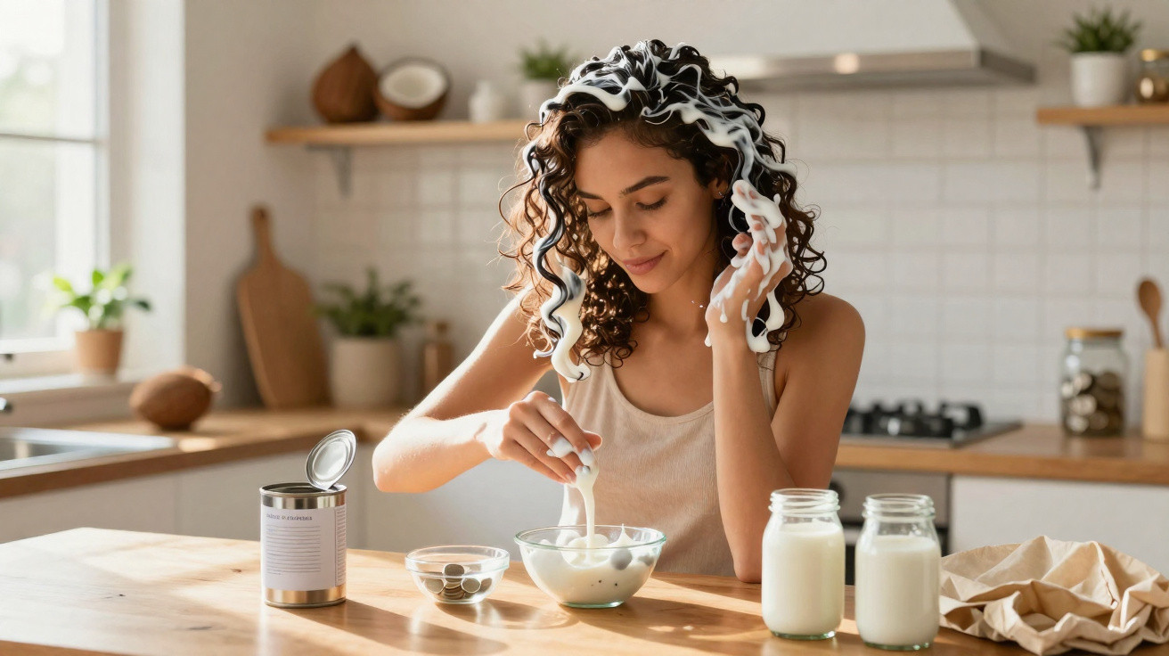 Mulher com cabelo encaracolado brinca com leite na cabeça e mãos numa cozinha luminosa e moderna.