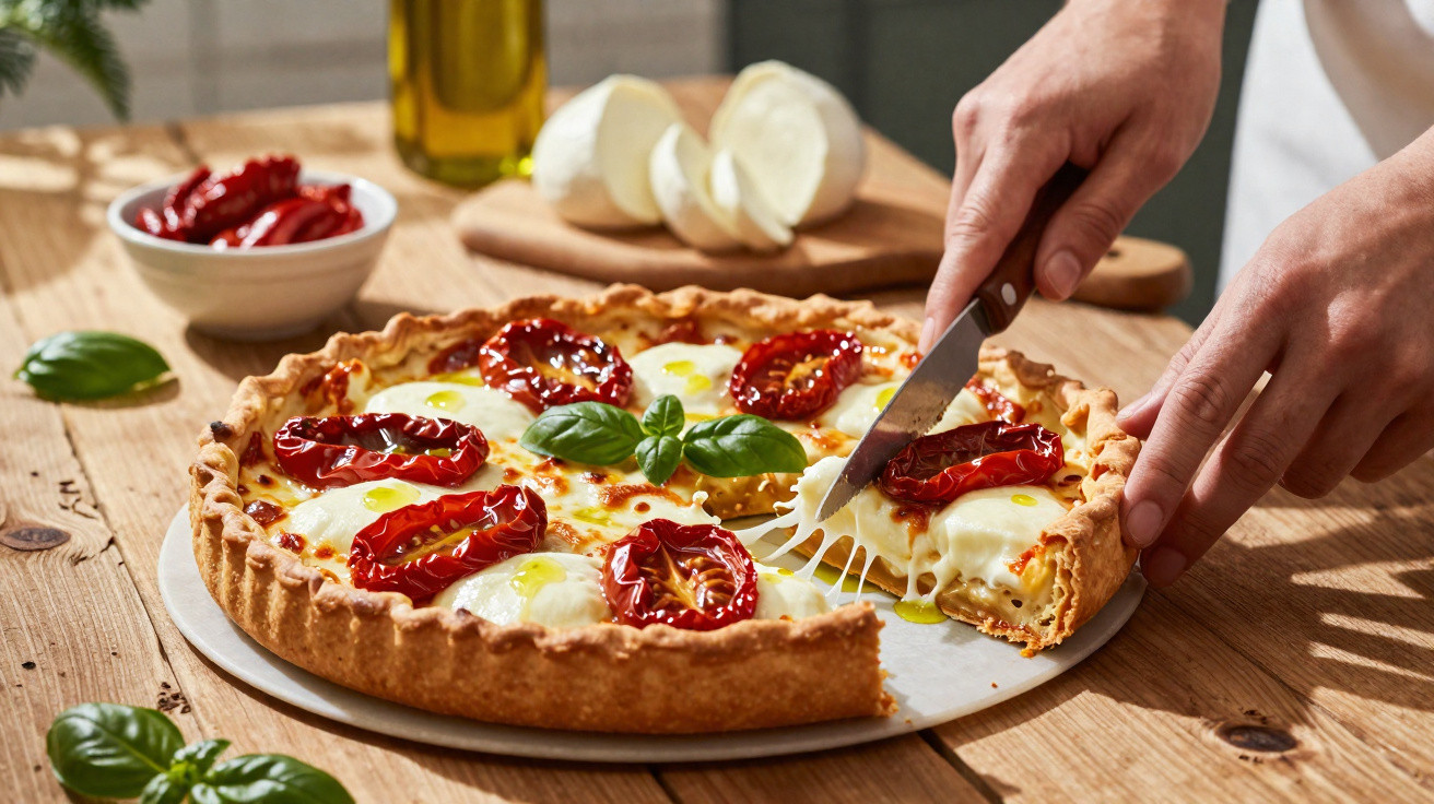 Pessoa a cortar uma tarte salgada com tomate seco, queijo mozzarella e manjericão num prato branco.