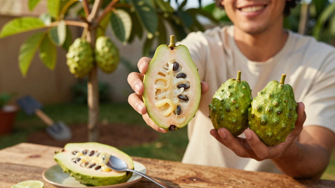 Pessoa a mostrar frutos de graviola com sementes pretas e polpa branca num jardim.