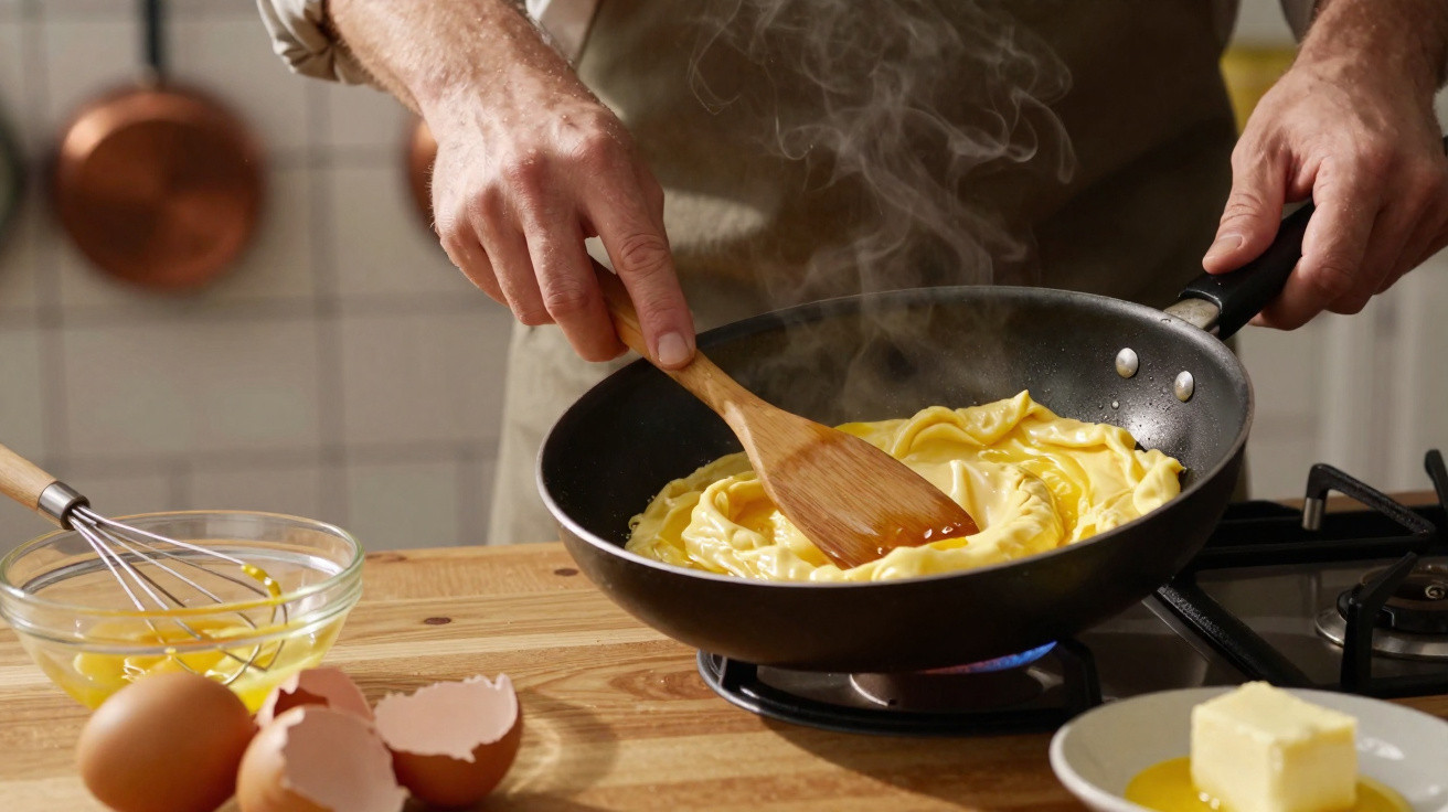 Pessoa a cozinhar omelete numa frigideira com ovos e manteiga na bancada.