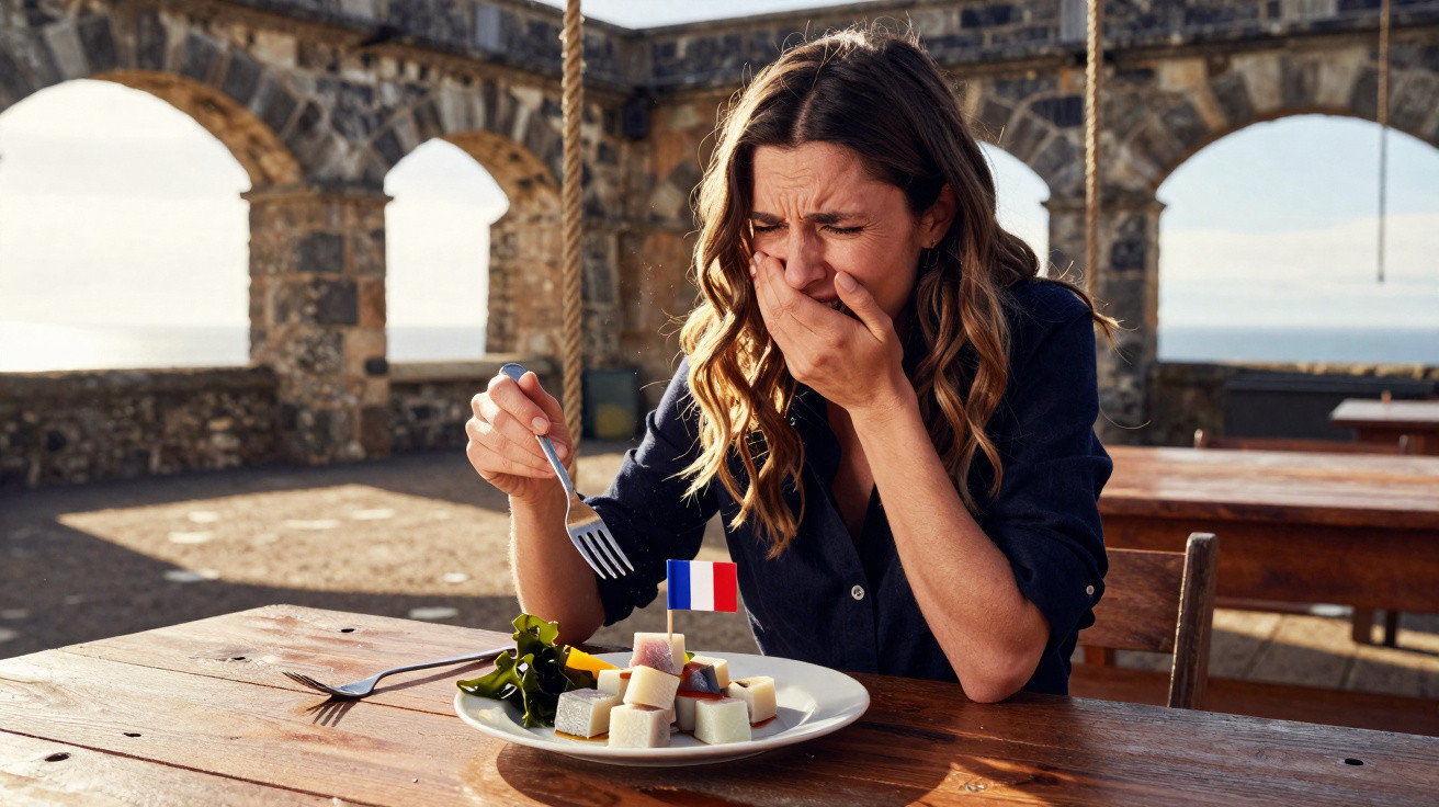 Mulher a cuspir comida durante uma prova de pratos com bandeira francesa numa esplanada com arcos de pedra.