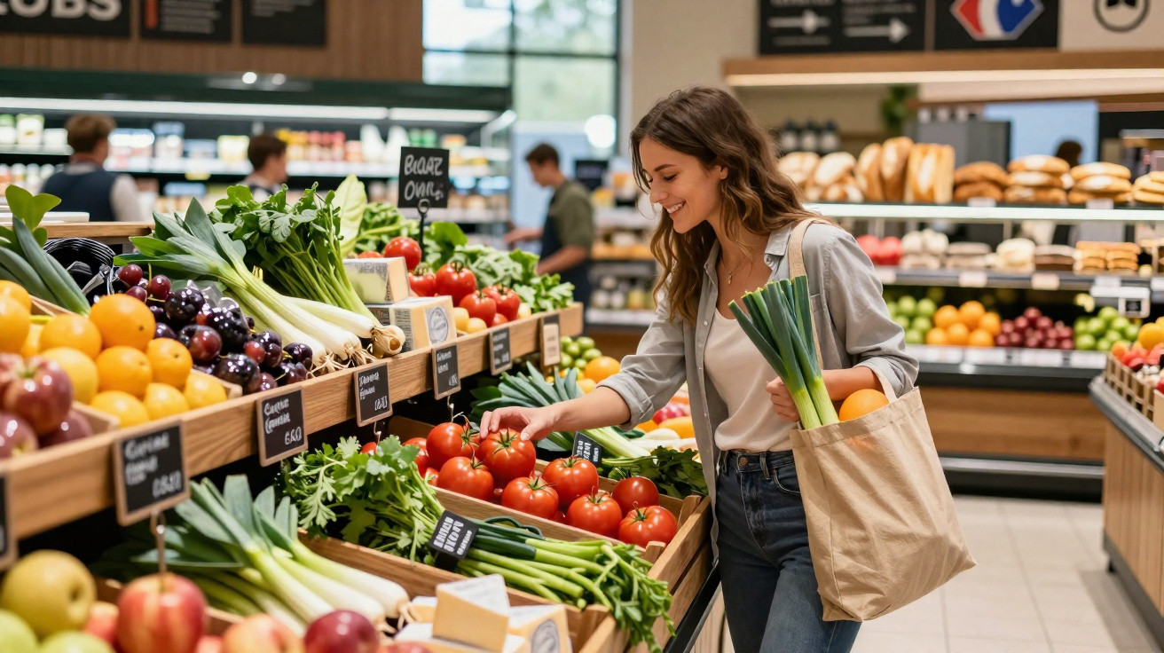 Mulher a escolher tomate numa banca de legumes frescos num supermercado moderno.