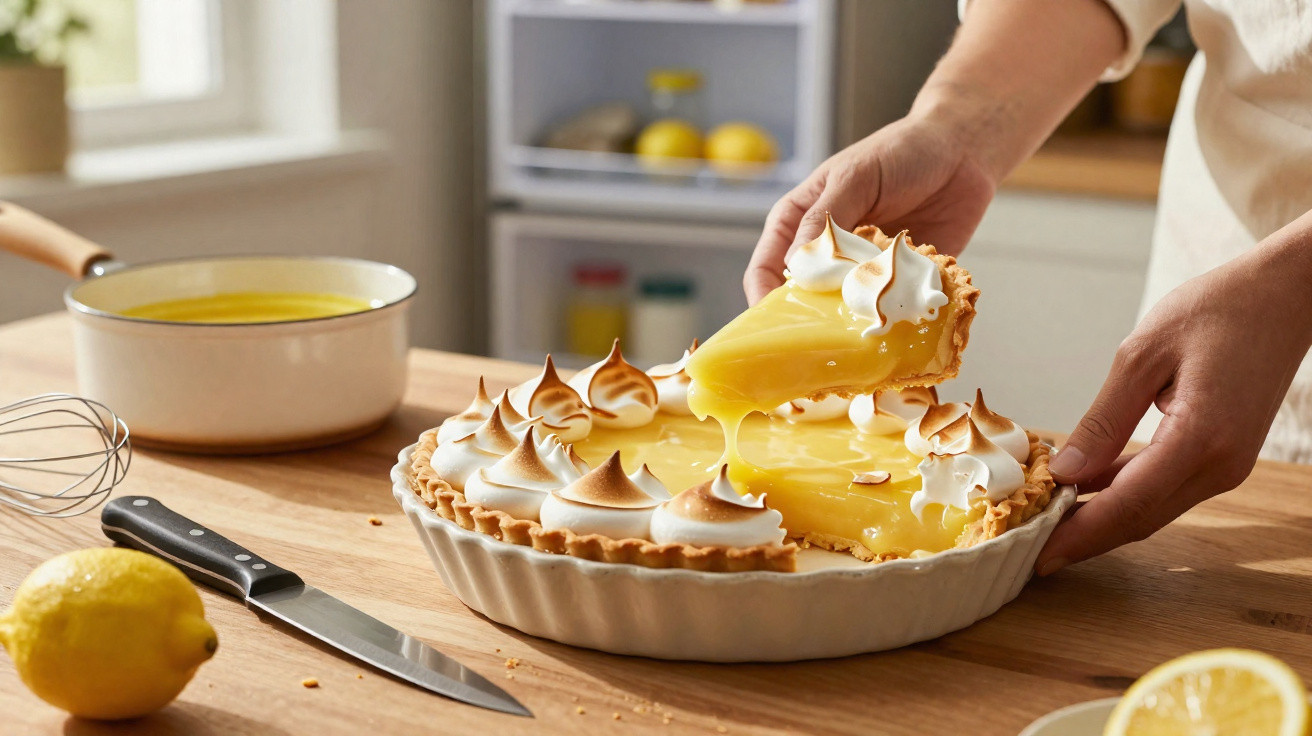 Pessoa a servir uma fatia de tarte de limão com merengue num prato branco sobre mesa de madeira.