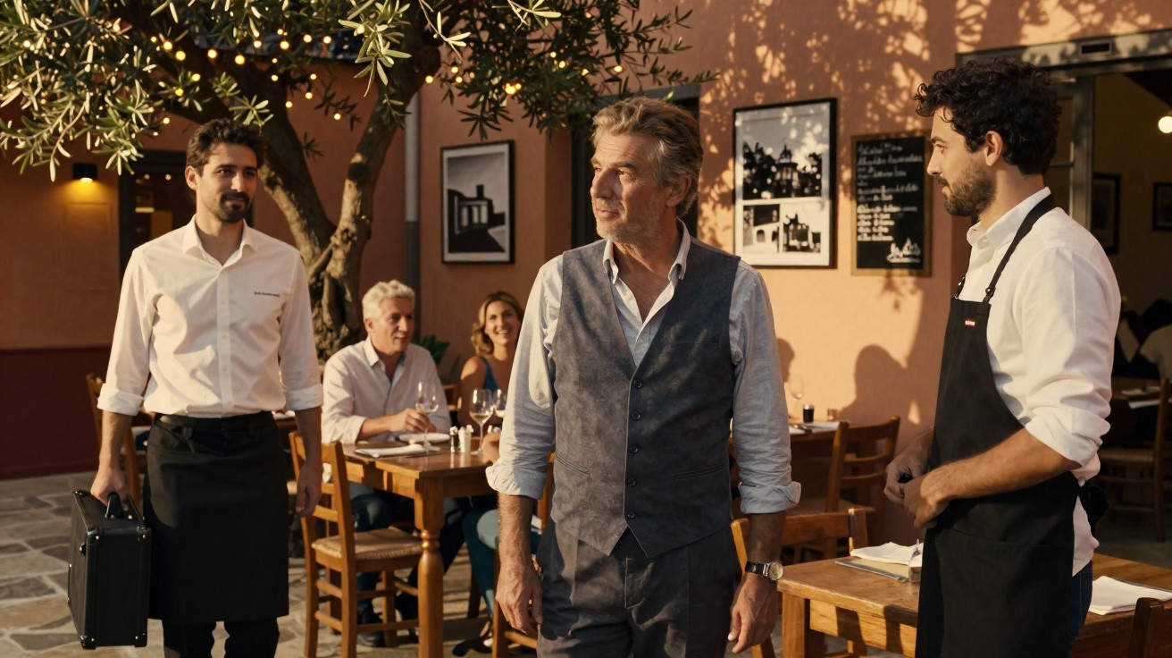 Homens em restaurante ao ar livre, dois de avental e um de fato com colete, mesas e clientes ao fundo.