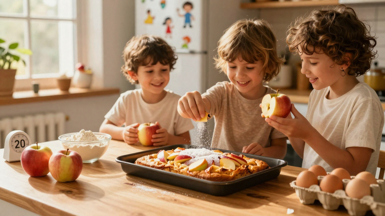 Três crianças a preparar uma tarte de maçã na cozinha, com ingredientes e utensílios na mesa.