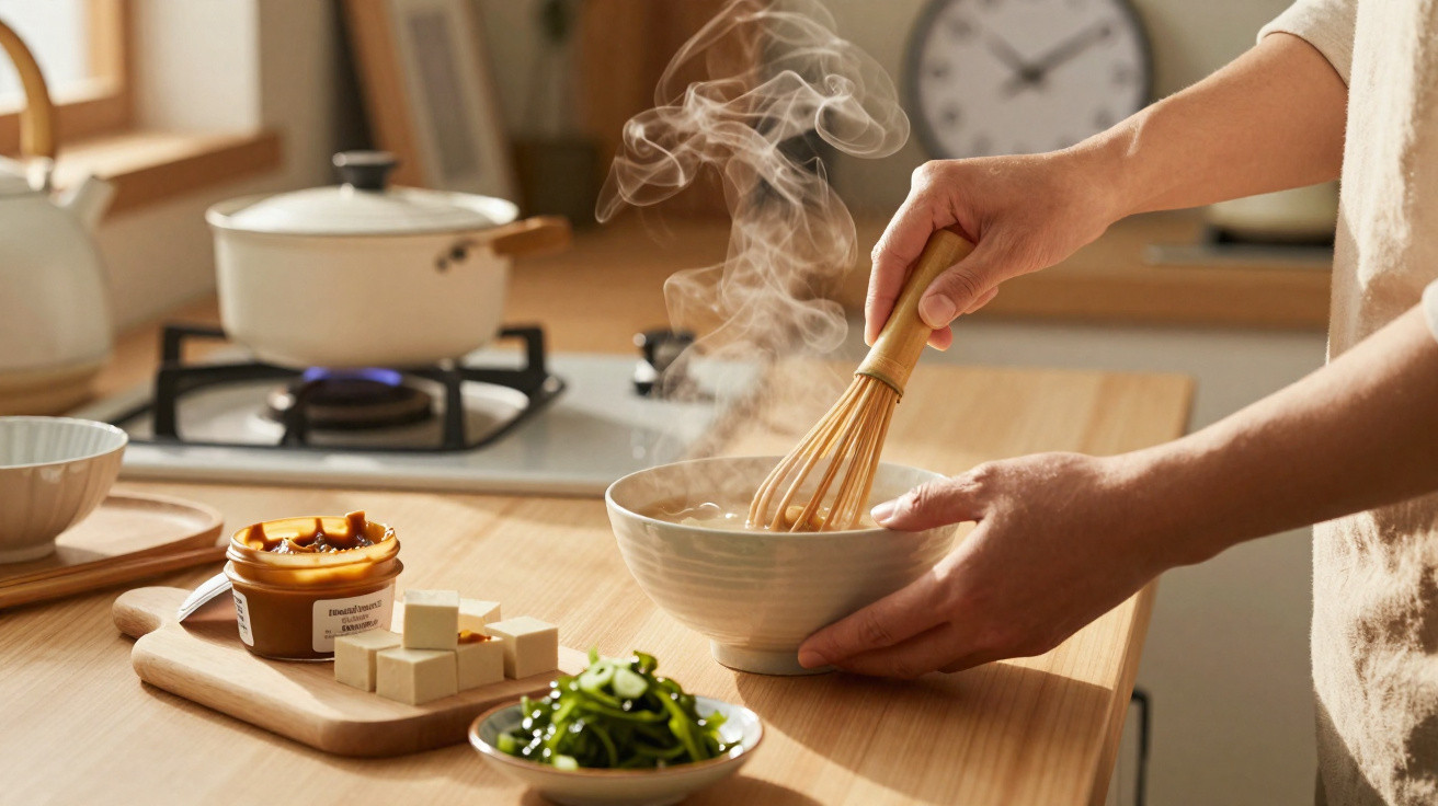 Pessoa a mexer uma tigela de cerâmica com vapor na cozinha, com ingredientes e tachos ao fundo.