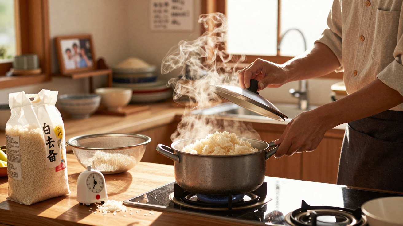 Pessoa a levantar a tampa de panela com arroz a vapor numa cozinha com utensílios e ingredientes no balcão.