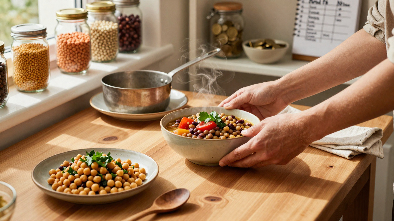 Mãos a pegar tigela fumegante de sopa de grão-de-bico com legumes numa mesa de madeira na cozinha.