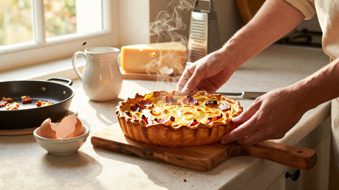 Pessoa a retirar tarte quente de queijo e bacon recém saída do forno numa cozinha luminosa.