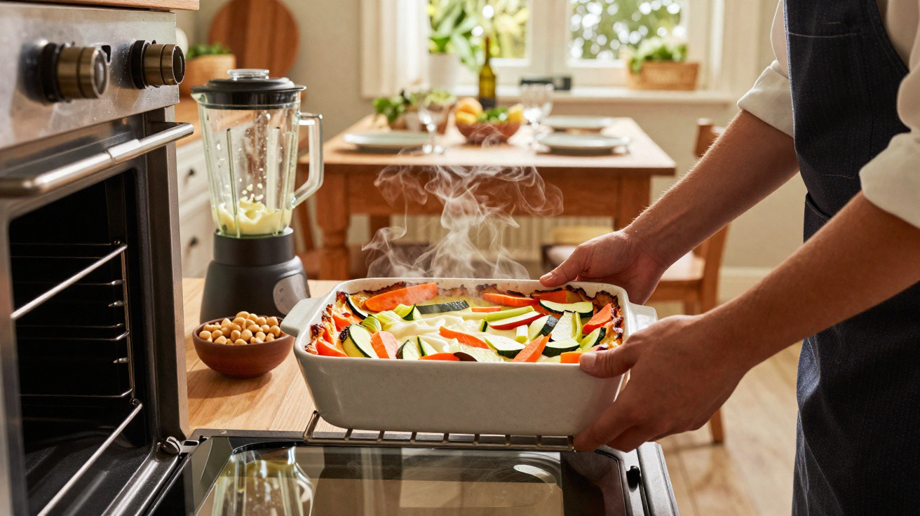 Pessoa a retirar do forno um tabuleiro branco com legumes cozinhados numa cozinha iluminada.