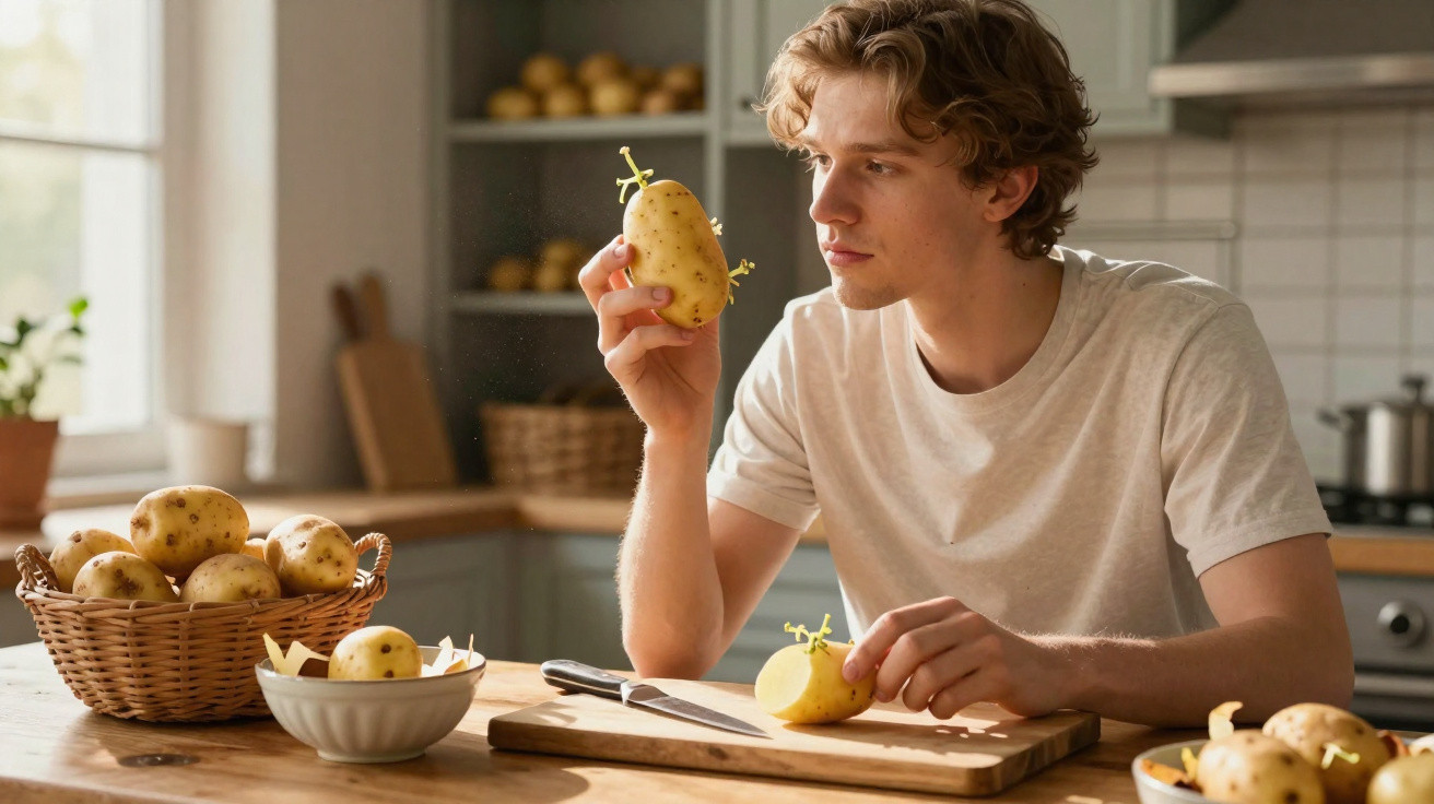 Jovem examina batatas com brotos numa cozinha iluminada, com uma cesta e tigelas de batatas na mesa.