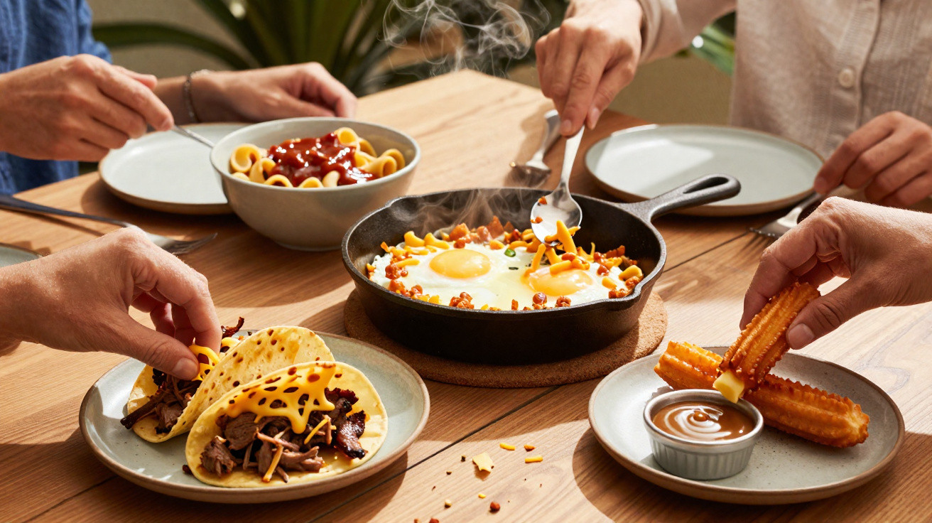 Pessoas a comer tacos, ovos mexidos na frigideira e churros com molho numa mesa de madeira.