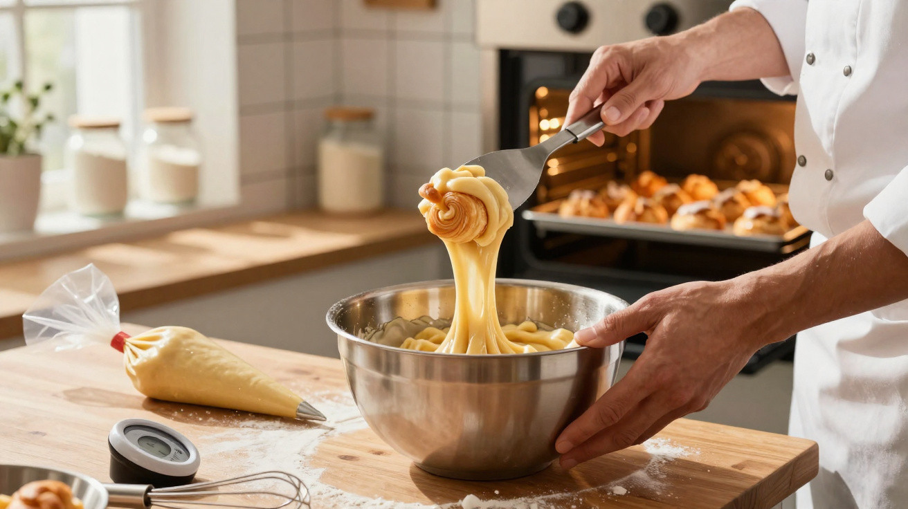 Pessoa a preparar massa de pastelaria numa tigela metálica numa cozinha iluminada.