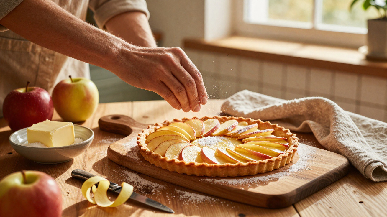 Pessoa polvilha açúcar em tarte de maçã numa cozinha iluminada com ingredientes e utensílios à volta.