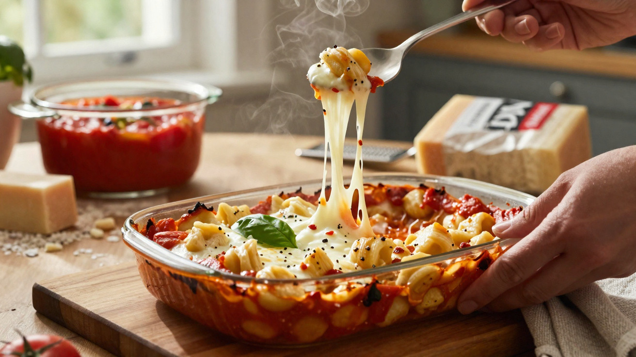 Mão a retirar uma colher de massa gratinada com queijo derretido e molho de tomate num tabuleiro de vidro.