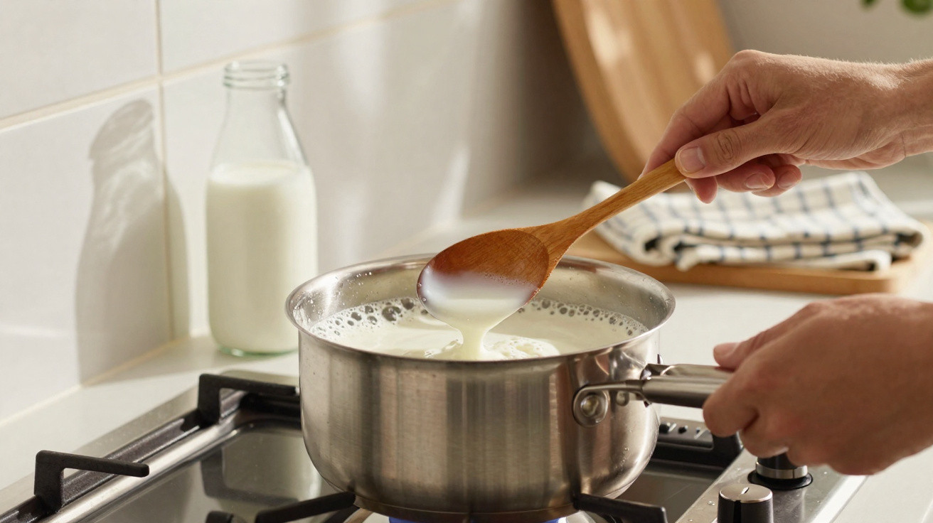 Pessoa mexe leite num tacho de inox sobre fogão a gás numa cozinha moderna com garrafa de leite ao fundo.