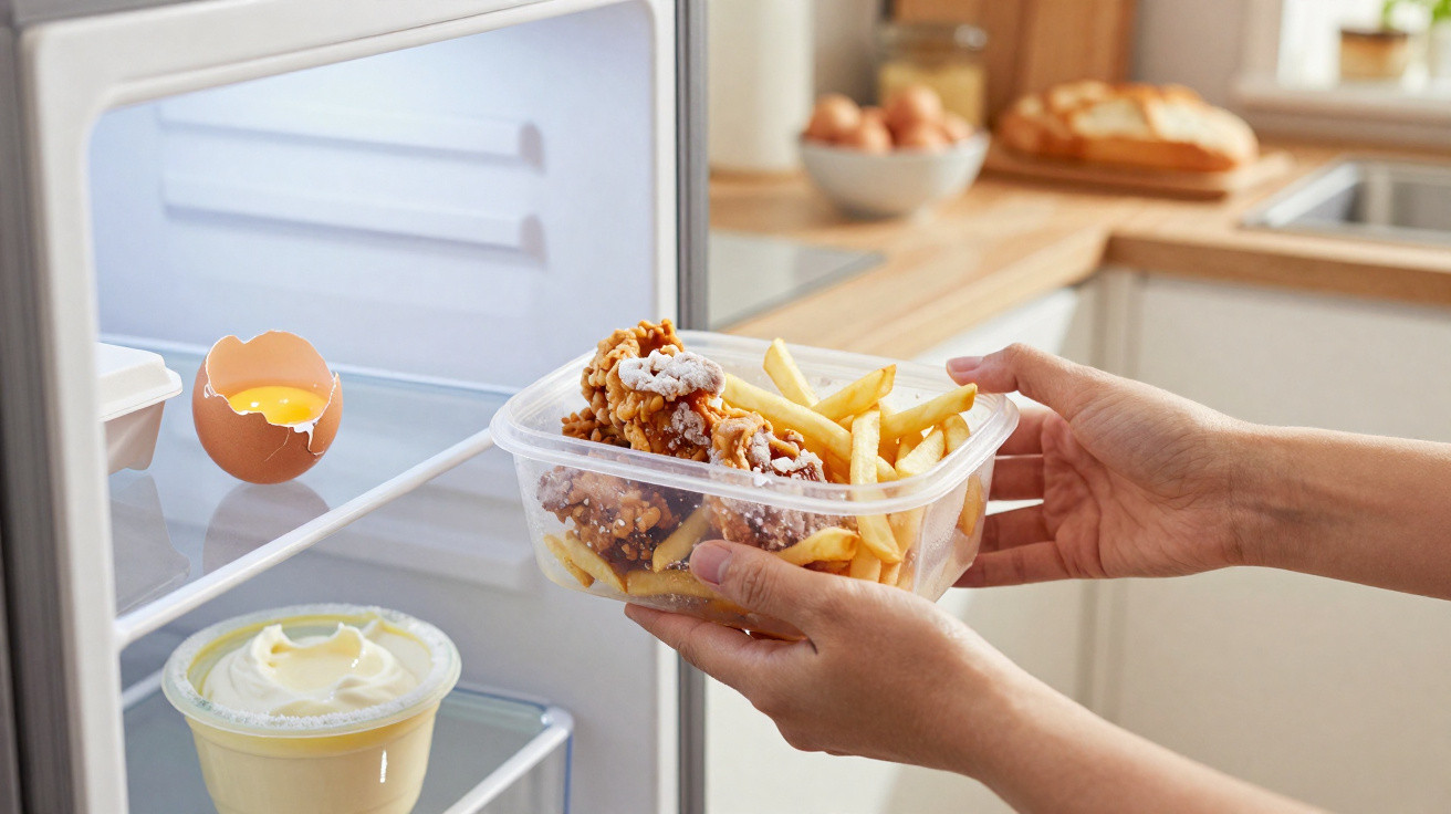 Mãos a colocar recipiente com frango frito e batatas no frigorífico doméstico aberto.