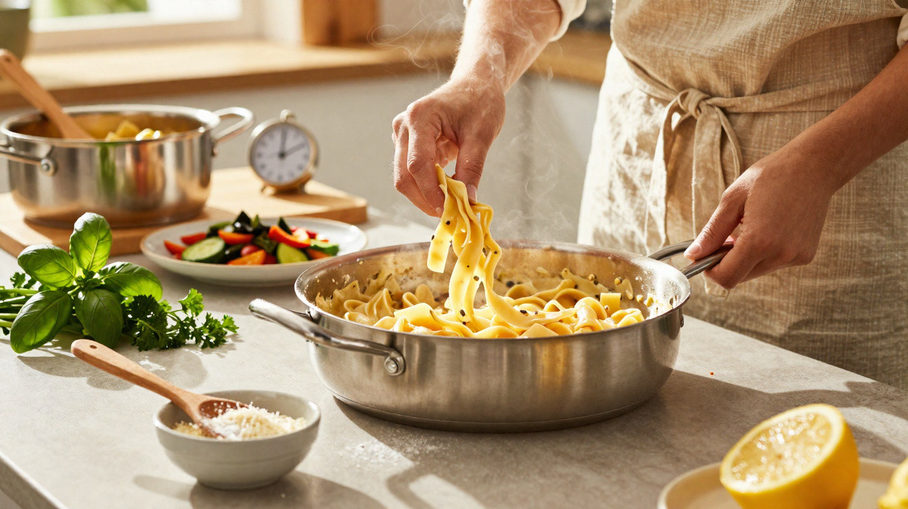 Pessoa a cozinhar massa fresca numa panela de aço inox numa cozinha iluminada e organizada.