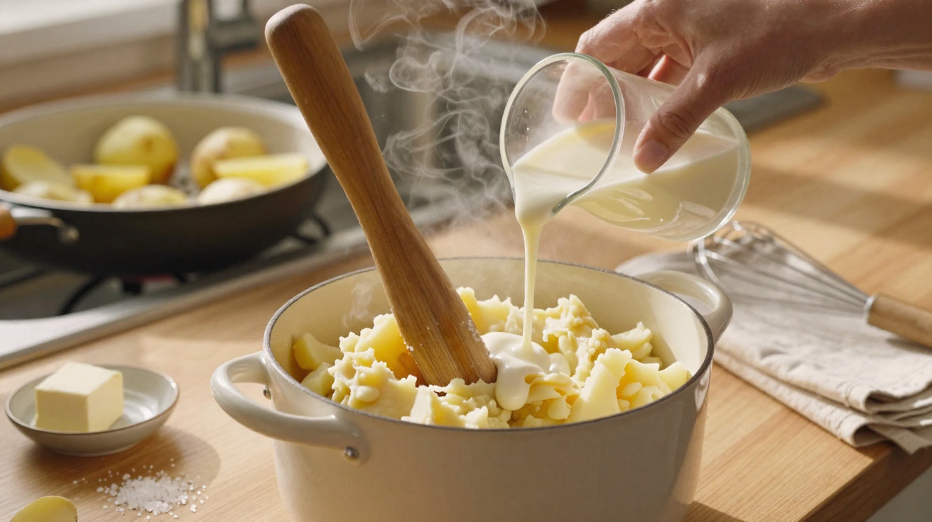 Mão a verter leite numa panela com batatas a cozinhar, com utensílios de cozinha ao fundo.