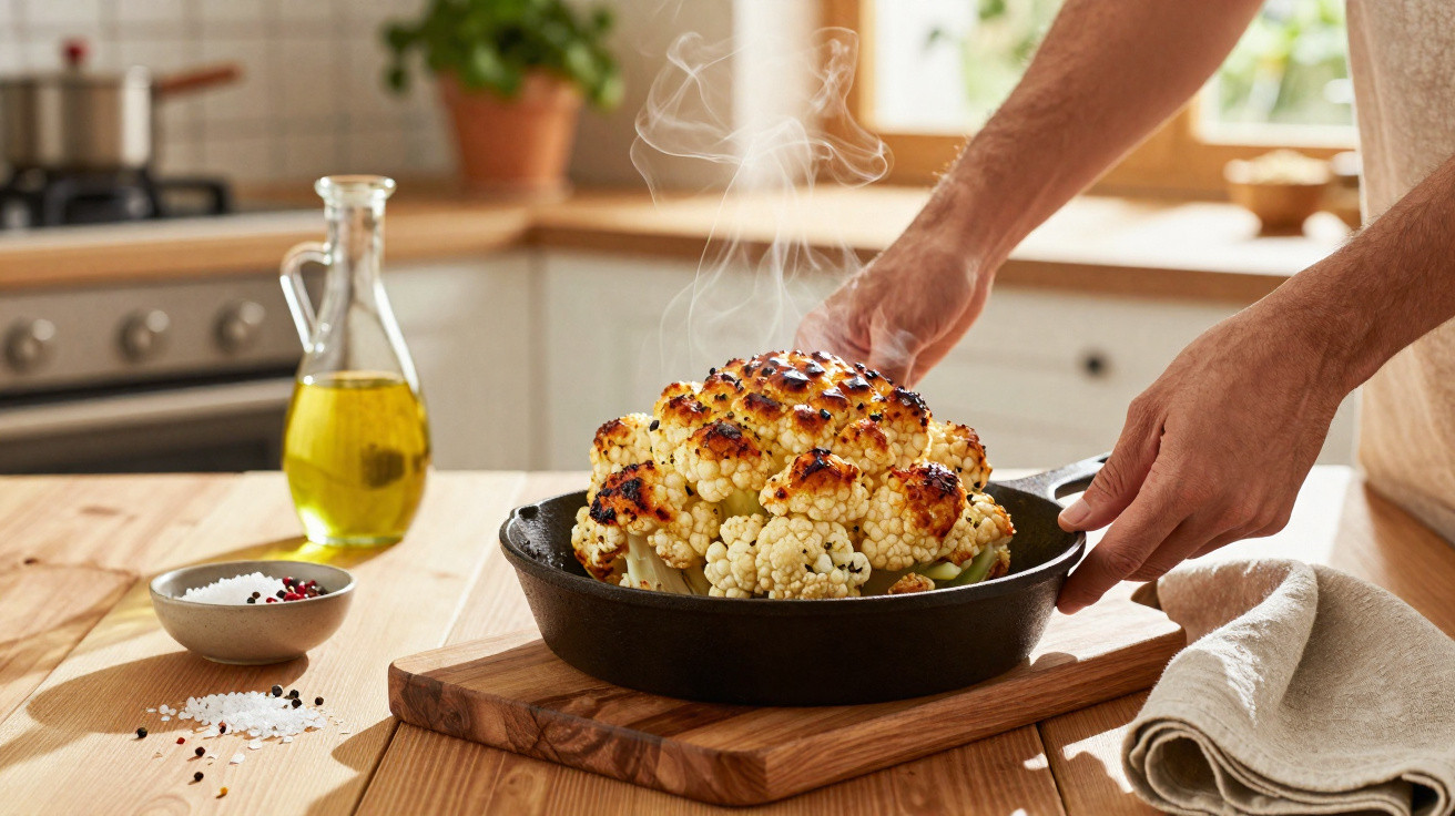 Couve-flor assada a fumegar numa frigideira preta com mãos a segurá-la numa cozinha iluminada.