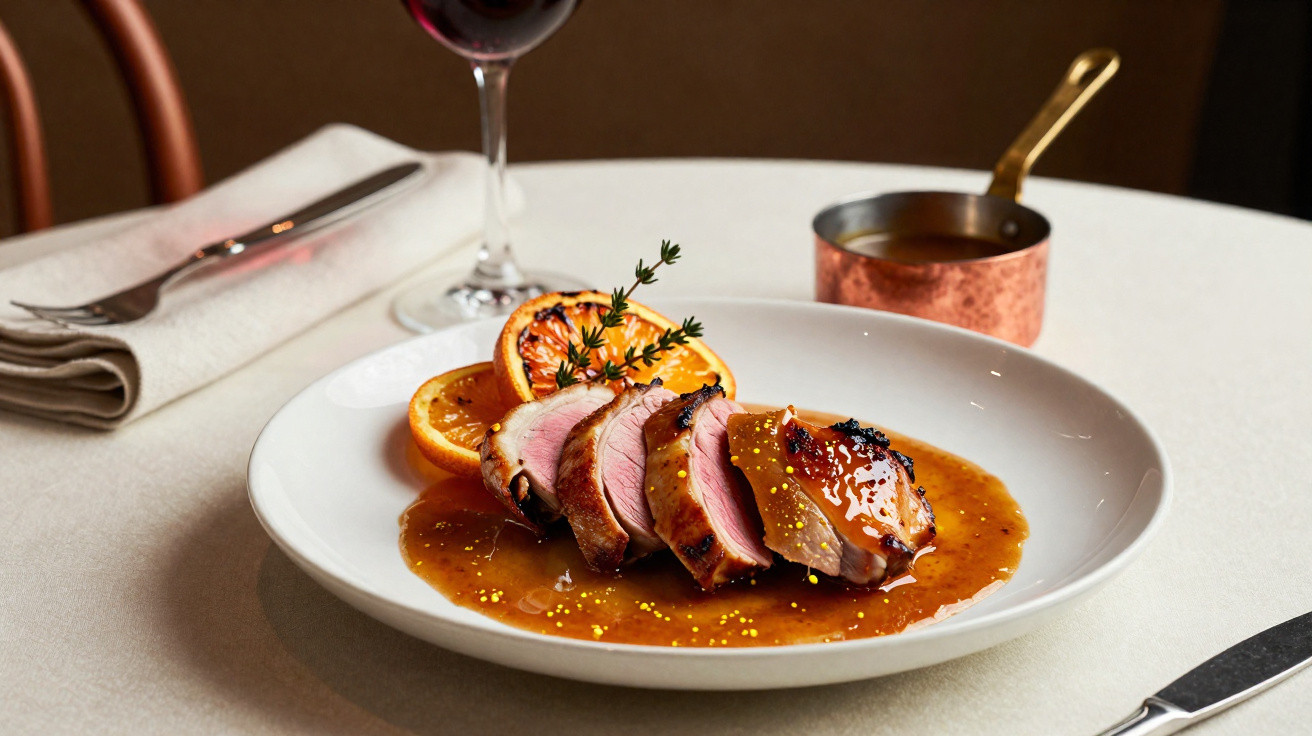 Prato com fatias de carne de pato com molho, rodelas de laranja grelhadas e ramo de tomilho, copo de vinho tinto.
