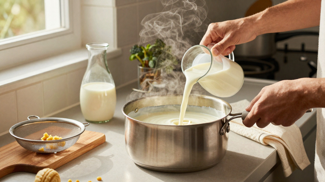 Mãos a verter leite quente numa panela numa cozinha moderna com jarro de leite e coador na bancada.