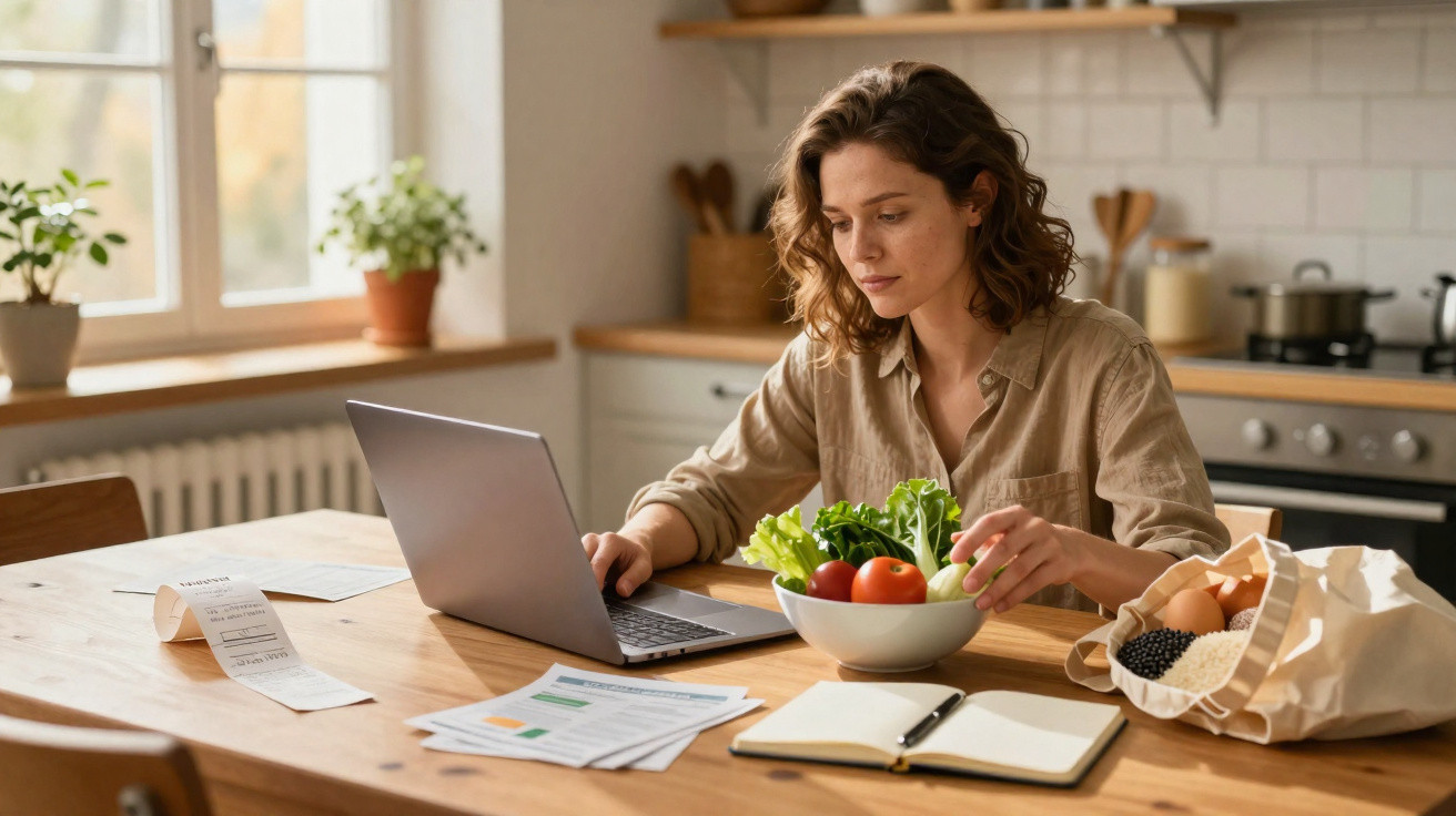Mulher sentada à mesa da cozinha, com laptop, legumes, lista de compras e caderno em frente a si.