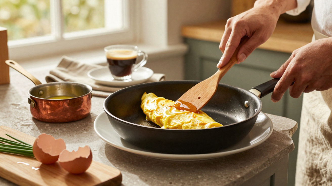 Pessoa a cozinhar uma omelete numa frigideira com ovos partidos e café ao lado numa cozinha luminosa.