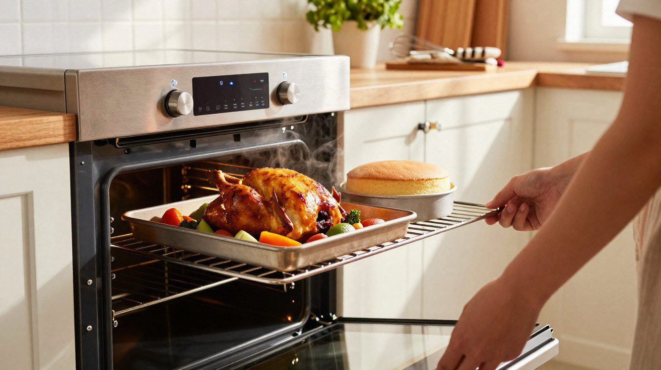 Pessoa a retirar travessa com frango assado e bolo de forno elétrico em cozinha moderna.