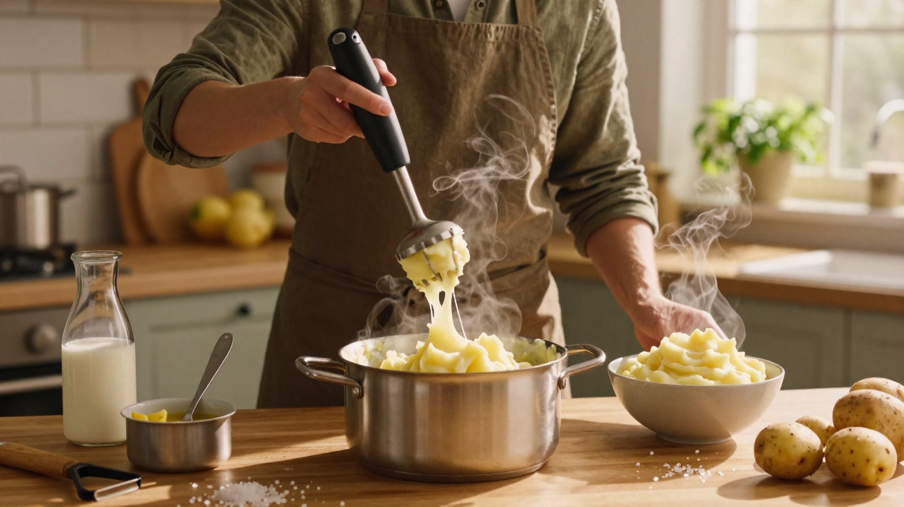 Pessoa a preparar puré de batata quente numa panela com vapor, numa cozinha moderna e iluminada.