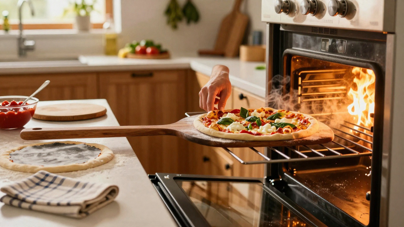 Pessoa a colocar pizza caseira no forno a lenha numa cozinha moderna e iluminada.
