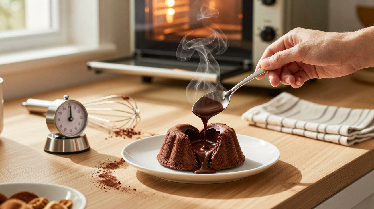 Mão a deitar calda quente de chocolate num bolo de chocolate quente e húmido numa cozinha iluminada.
